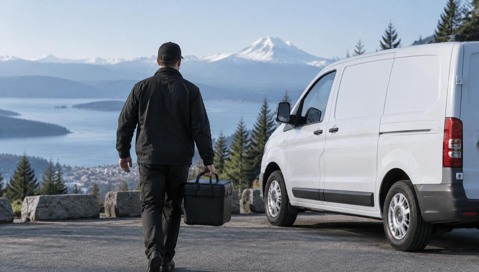 TyVia medical courier walking to a delivery van with Bellingham Bay and Mount Baker in the background